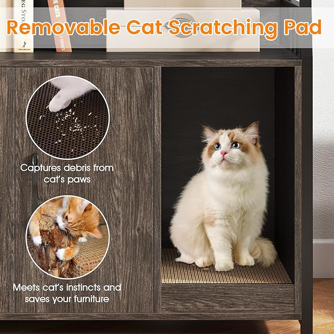 PETSITE Cat Litter Box Enclosure with Storage Shelves, 52 Inches Tall Hidden Litter Box with Charging Station, Scratching Board, and Winding Entry (Grey)