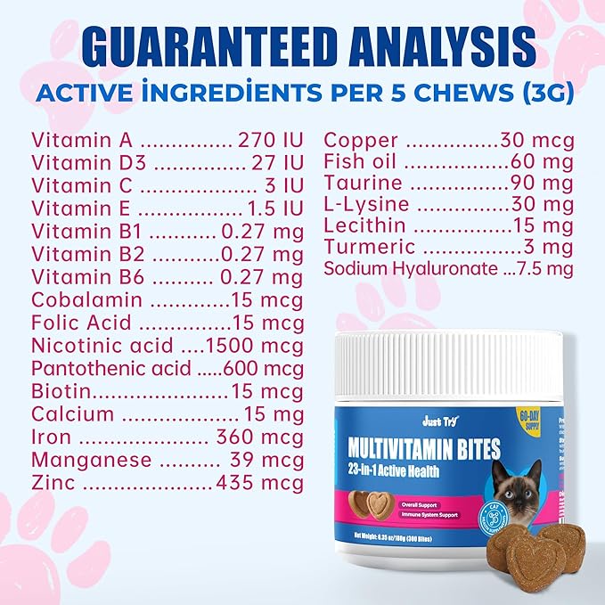 Just Try 23 in 1 Taurine for Cats Vitamins Treats with L-Lysine for Immune, Joint Support Skin & Coat & Heart Health - Multivitamin, HIV Omega 3, Biotin Supplements for Indoor & Senior Cat - 300 Bites