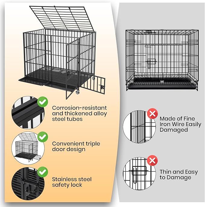 54 Inch Heavy Duty Dog Crate with Wheels, Escape Proof Metal Kennel with 3 Doors & Removable Tray for Large Medium Dogs, Black