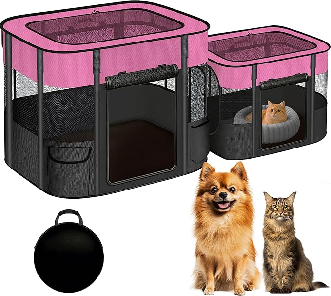 Portable Cat Playpen with Separate Areas, 2-in-1 Puppy Playpen & Cats Cage, Foldable Pet Tent for Indoor and Outdoor Use, Collapsible Tent Kennel Cage House(35.4"x27.6"x27.6" Pink & Black)