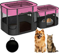 Portable Cat Playpen with Separate Areas, 2-in-1 Puppy Playpen & Cats Cage, Foldable Pet Tent for Indoor and Outdoor Use, Collapsible Tent Kennel Cage House(35.4"x27.6"x27.6" Pink & Black)