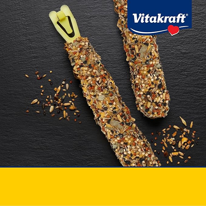 Vitakraft Crunch Sticks Cockatiel Treats Golden Honey Flavor – Triple-Baked Snack with Vitamins A D3 E Riboflavin and B12 – Natural Wood Chew Center and Cage Clip Holder – Engaging 2 Stick Pack