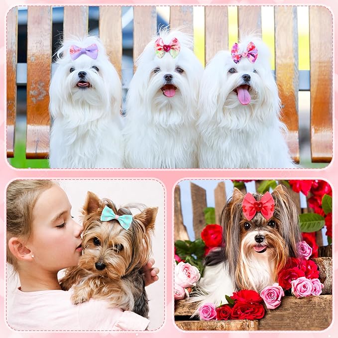 Reginary 300 Pack Dog Bows Grooming Cute Dog Hair Bows Girl with Rubber Bands Small Puppy Bowknots Colorful Hair Accessories for Dogs Puppies Pets Gift (Heart Style)