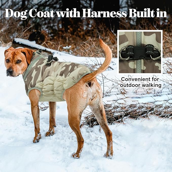 Lelepet Warm Dog Winter Coat Dog Coats for Small Dogs Waterproof Dogs Jacket with Harness Built in Reflective Cold Weather Coats Windproof Zip-Up Winter Fleece Vest Snowsuit Chihuahua Desert Camo