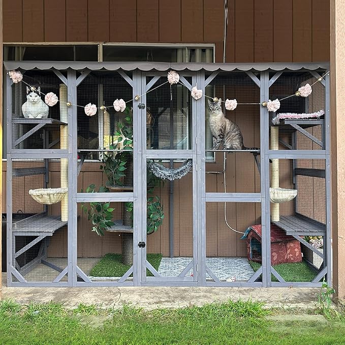 Aivituvin Catio Outdoor Cat Enclosure Window Large Cat Patio 3 Tiers with 6 Platforms and 2 Scratching Posts for Cats House 104" L