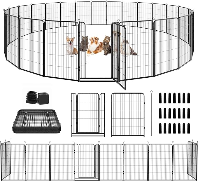 Dog Playpen Outdoor Extra Wide 24 Piece Panels Heavy Duty Dog Fence 47" Height Anti-Rust with Doors Portable for RV Camping Yard, Total 63FT, 316 Sq.ft, Snowy Black