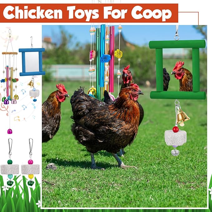 7 Pcs Chicken Toys, Hanging Chicken Wind Chime, 2 Pcs Coop Mirror Toys with Bells 4 Pack Beak Grinding Stones, Musical Coop Accessories for Hen Rooster Chick Poultry Birds(Green, Blue)