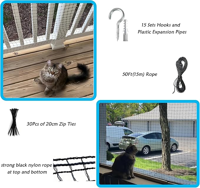 JUNFLYING Cat Netting Balcony 10x26 FT, Wire-Free Pet Protection Mesh for Fall Prevention, Heavy-Duty Catio Screen Barrier for Apartment, Window, Staircase, Terrace and Patio