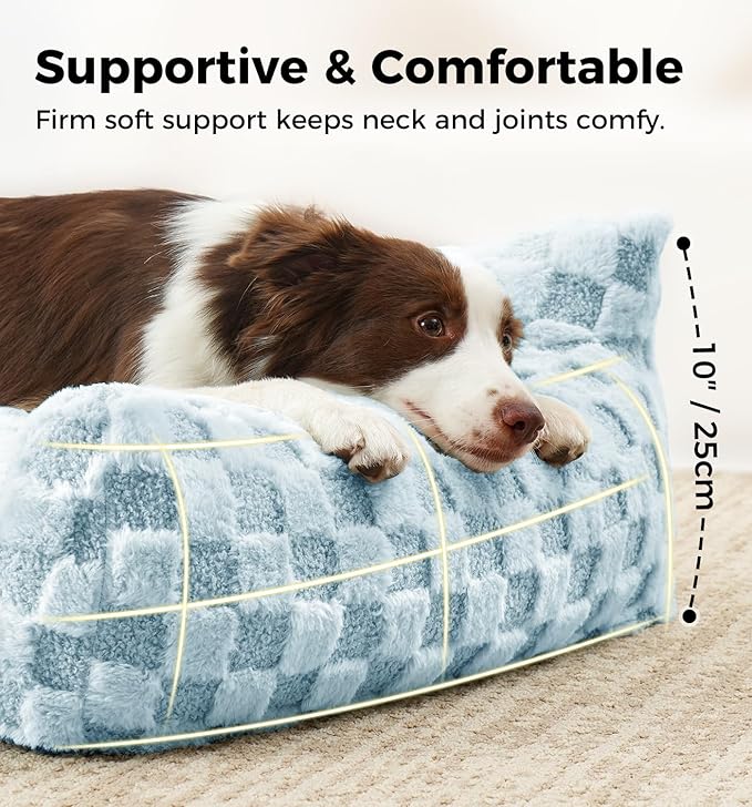 Made4Pets Cat Beds for Indoor Cats, Cat Couch Bed, Soft Faux Fur Checkered Pet Sofa, Calming Fluffy Kitten Sofa with Supportive Foam, Removable Washable Cover with Non-Slip Base, Sky Blue, Small