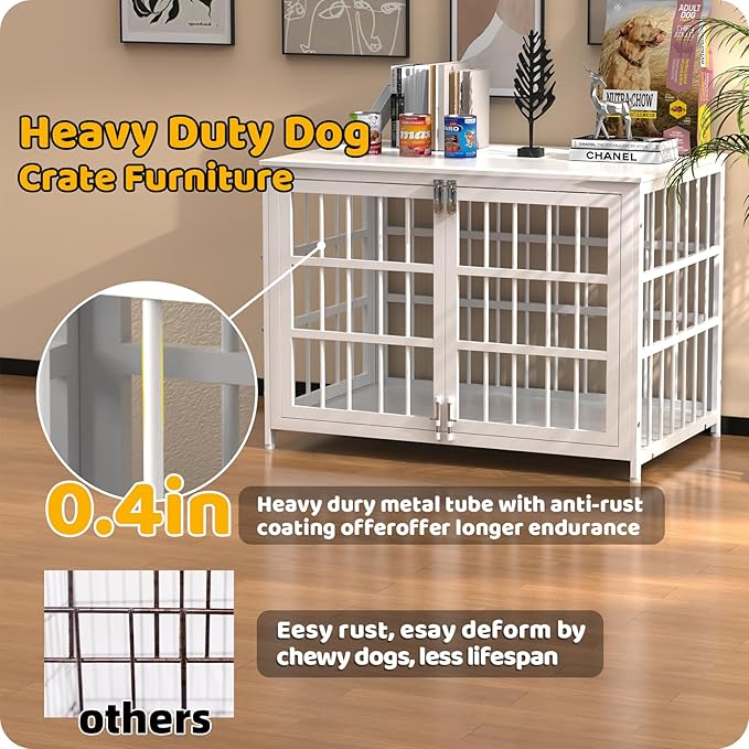 Heavy Duty Dog Crate Furniture – Indestructible Furniture Style Dog Kennel with Wooden Table Top, Escape-Proof Crate for High Anxiety Dogs, Decorative Indoor Pet House with Double Doors & Secure Locks