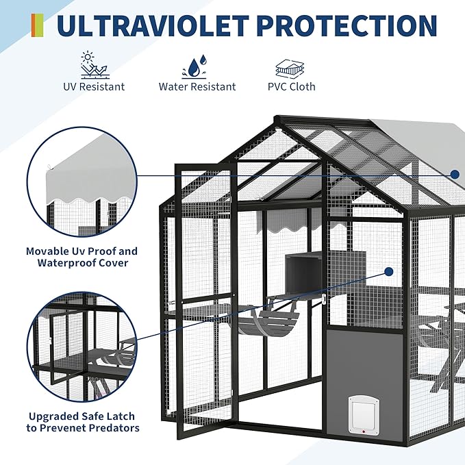 Large Outdoor Cat Enclosure for Multiple Cats - Weatherproof Catio with UV Cover, Platform & Side Door