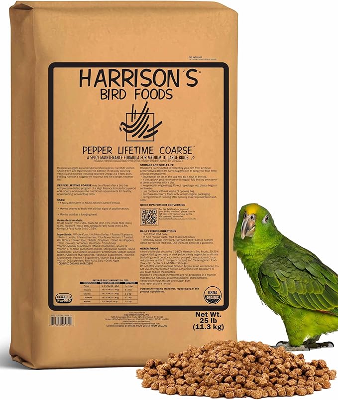 Harrison's Bird Foods Pepper Lifetime Coarse Certified Organic Non-GMO, Daily Pet Bird Food for Medium & Large Birds- Spicy Maintenance Formula for Parrots, Pinous, Eclectus, Macaws etc, 11.3kg / 25lb