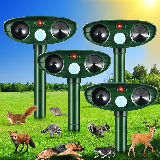2026 Upgraded Solar Ultrasonic Animal Repellent Outdoor Cat Deer Repellent Devices with Motion Sensor,IP65 Waterproof Repeller Keep Opossum Skunk Rodent Squirrel Raccoon Out of Yard Farm,4 Pack