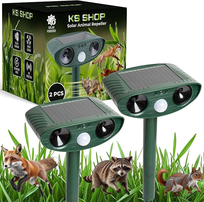 Upgraded Solar Ultrasonic Animal Repellent Outdoor (Pack 2pcs) - Cat Repellent Outdoor, Squirrel, Deer, Raccoon, Pest Repeller - Keep Skunk Away Motion Detection with Flash Light for Yard Garden Lawn