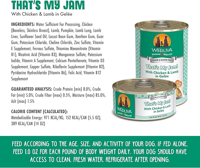 Weruva Classic Dog Food, That's My Jam! with Chicken & Lamb in Gelée, 14oz Can (Pack of 12), Green
