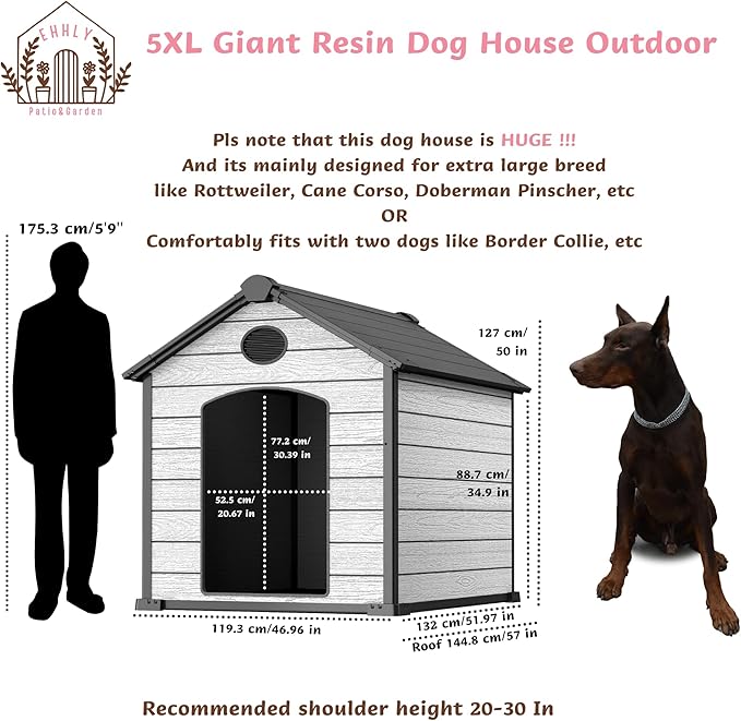 EHHLY 57" Extra Large Dog House Outdoor Weatherproof, 5XL Big Dog House for Large Dog Outside, Insulated Igloo Pet House with Elevated Floor, Extra Durable Resin Plastic, 57Lx47Wx50H, Cemented Grey
