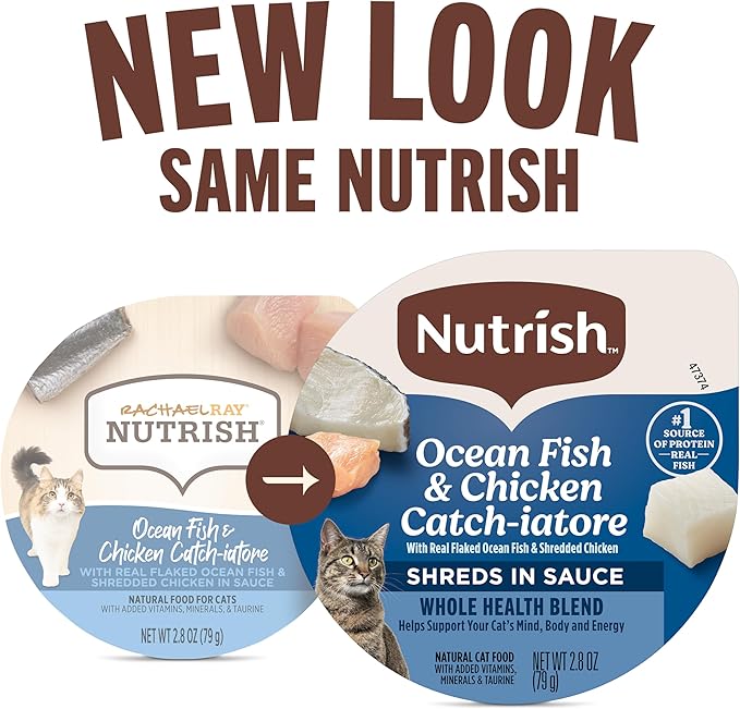 Nutrish Grain Free Wet Cat Food Ocean Fish & Chicken Catch-iatore Whole Health Blend with Real Flaked Ocean Fish & Shredded Chicken in Sauce, 2.8 oz. Cup (Rachael Ray) (Pack of 24)