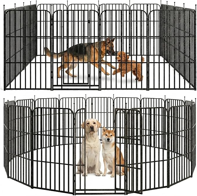 Metal Dog Playpen 47" 16 Panels with 2 Doors for Medium Large Dogs, Indoor Outdoor Exercise Pen for Yard RV Camping, Thickened Steel Tube, Gravity Lock & Ball Head Iron Rods