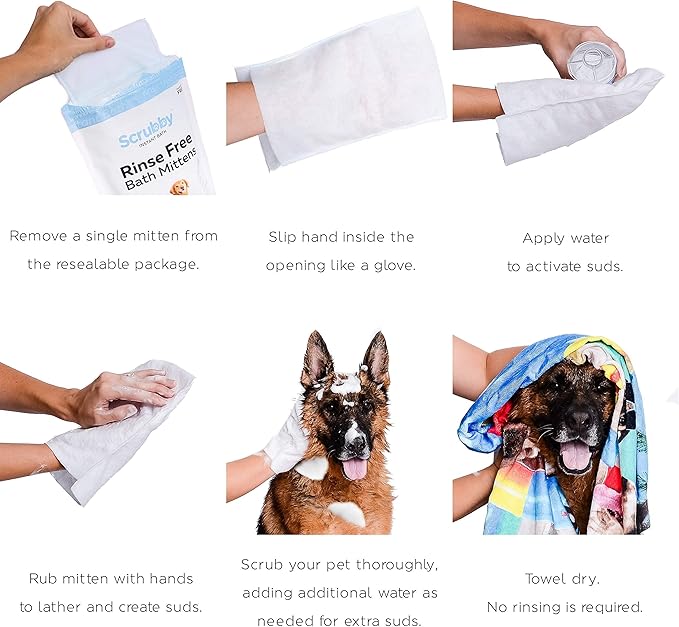 No Rinse Pet Wipes | Rinse Free Shampoo Mittens | Dogs & Cats | Bath Wipes - Bathing & Washing Pets, Hypoallergenic | No Rinse Wash Mitt | Grooming, Lather Wipe Dry - Pack of 10