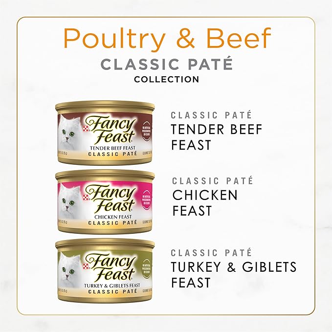 Fancy Feast Poultry and Beef Feast Classic Pate Collection Grain Free Wet Cat Food Variety Pack - 3 oz. Cans,(Pack of 60)