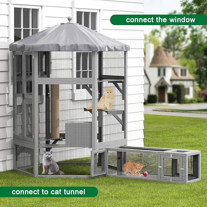 Catio Outdoor Cat Enclosure, Indoor Cat Enclosure with Window Access, Wooden Outdoor Cat Catio with Waterproof Cover, Cat House & Platform for Multiple Cats, Grey