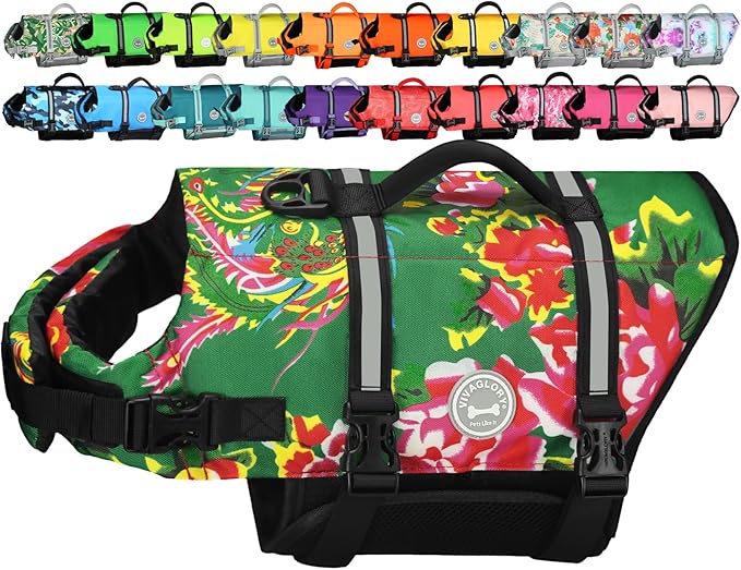 VIVAGLORY Rip Stop Dog Life Vest, Swimming Vest with Handle, Buoyancy for Doggy Puppy, Dog Life Jacket for Swimming & Boating, XXS, Northeast Florals-Green