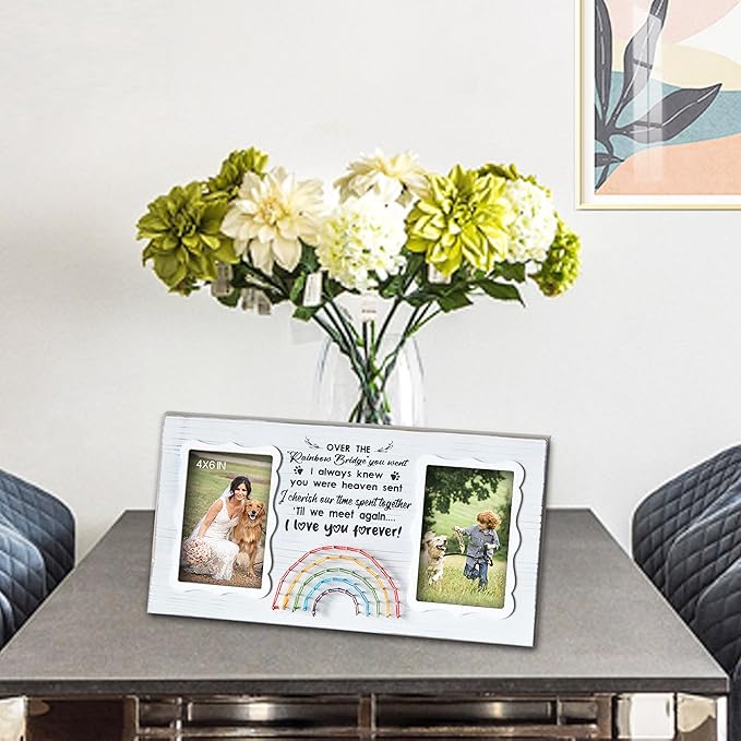 Dog Memorial Double Picture Frames 4x6 Inches - Pets Passing Away Sympathy Gift - Bereavement Remembrance Photo Frame with Rainbow Bridge and Quotes