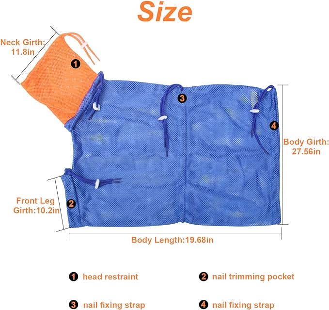 Breathable Mesh Anti Scratch Adjustable Cat Grooming Bag for Nail Trimming, Bathing - Polyester Soft Cat Washing Bag (Blue-Orange)