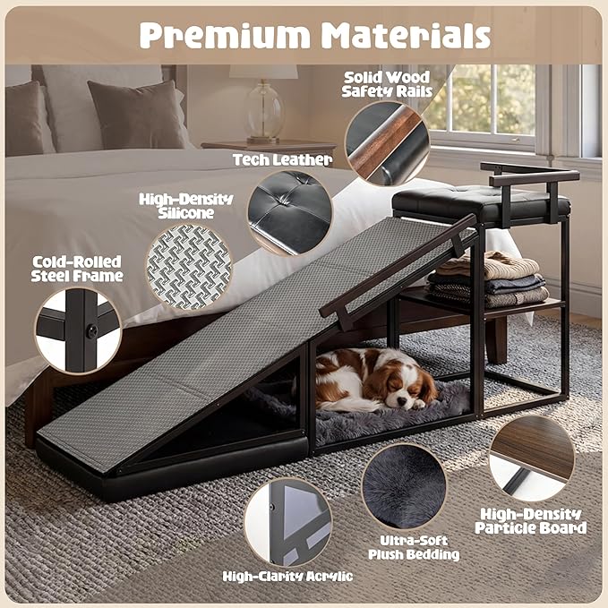 4-in-1 Dog Ramp, 65" X 26" X 17" Storage Ottoman Bench Upholstered Padded with Solid Wood Shelf, Foldable Pet Stairs Non-Slip Silicone Surface - Safety Railings Load up to 220 lb (Black)