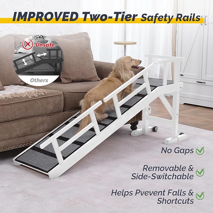 Dog Ramp for Bed or Couch, Wooden Pet Ramp with 20° Gentle Slope, Removable Side Rails, Non-Slip Surface, Top Platform & Wheels, Safe Bed Ramp for Small, Large & Senior Dogs, 60" Long, White