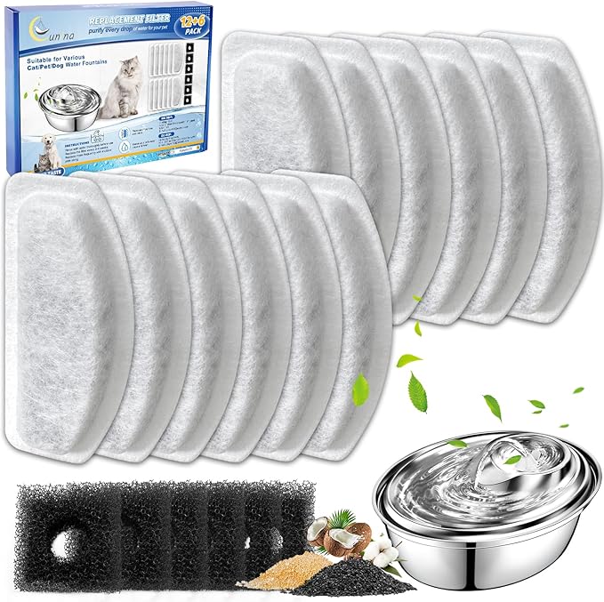 12+6 Pack Cat Fountain Filters Replacement For D30 67oz/2l Pet Fountain Filters Replacement 12 Pcs Filter and 6 Pcs Replacement Pre-Filter Sponges Compatible with ORSDA Pet Water Fountains
