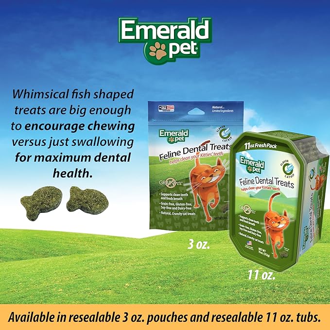 Emerald Pet Grain-Free Cat Dental Treats with Catnip – Crunchy Natural Dental Treats for Cats to Clean Teeth, Freshen Breath, and Reduce Plaque & Tartar – 11 oz Tub