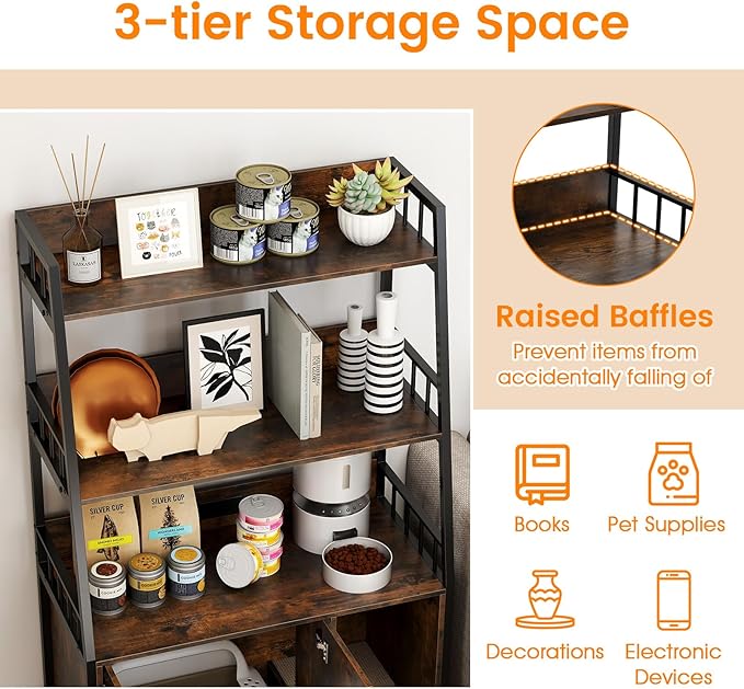 PETSITE Cat Litter Box Enclosure with Storage Shelves, 52 Inches Tall Hidden Litter Box with Charging Station, Scratching Board, and Winding Entry (Rustic Brown)