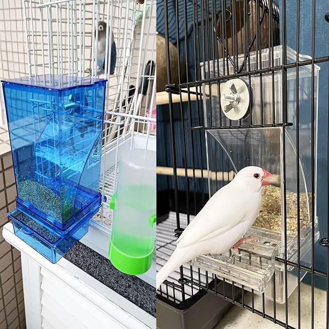 Automatic Bird Feeder for Cage No Mess Parakeet Feeder Seed Food Container Feeding Station Cage Accessories for Small Birds Parrot Canary Lovebirds(Transparent)