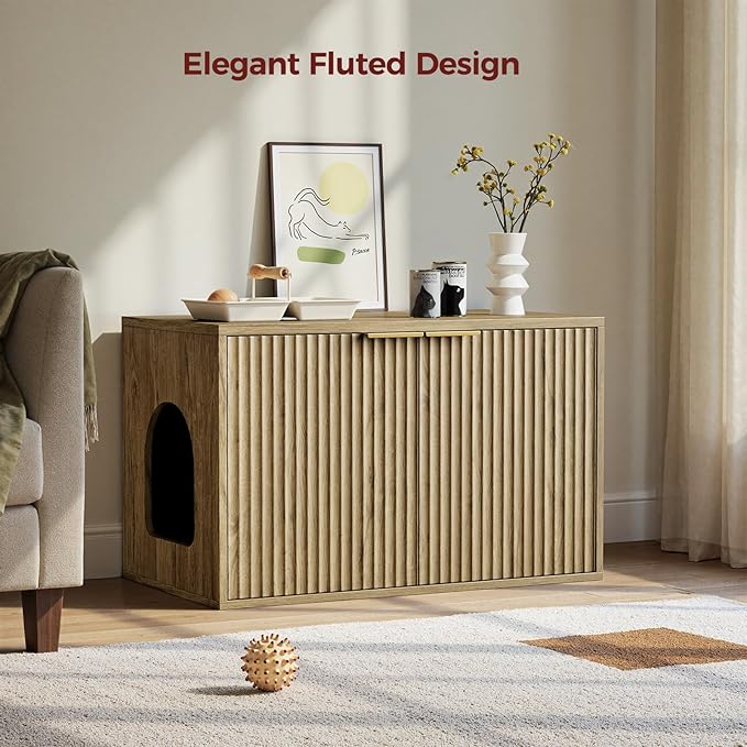 Evermagin 31.5" Oak Cat Litter Box Enclosure Furniture, Large Hidden Litter Box Cabinet, Modern Bohemia Indoor Cat House Kitty End Table for Living Room, Entryway, Bedroom