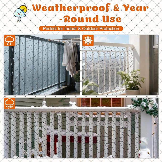 Pet Safety Net for Balcony, 3x6M Heavy Duty Nylon Mesh Cat Protection Netting, Cuttable Safety Net with Zip Ties, Rope & Screws, Anti-Fall Fence Net for Window, Stairs, Balcony, Indoor Outdoor Use