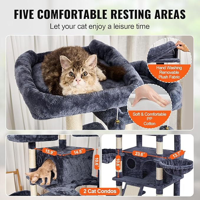 VEVOR Cat Tree for Indoor Cats, 68.5" Cat Tower with 2 Cat Condos, Sisal Scratching Post, Hammocks, Top Perches, Jumping Platforms and Ramp, Cat Furniture Activity Center with Hang Balls, Dark Grey