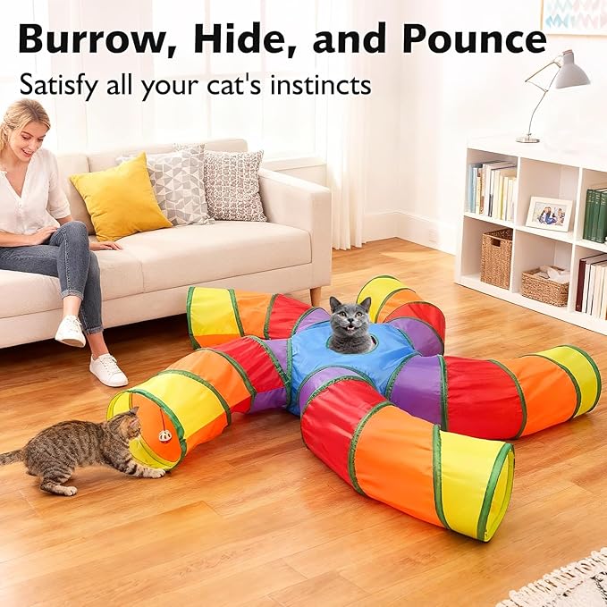 Joytale 5-Way Cat Tunnels for Indoor Cats, Pet Tube Toy with Play Ball and Toy Mouse, S-Shape Collapsible Tunnel with Interactive Hole for Kitty, Kitten, Rabbit, Puppy (Rainbow)