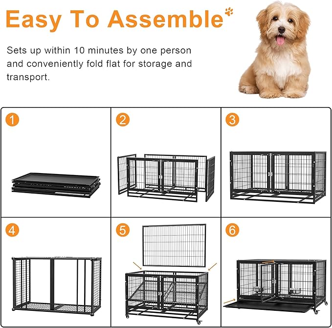 43 inch Heavy Duty Dog Crate for Large Dogs, Stackable Dog Kennels and Metal Wire Cages with Feeding Bowls, Leak-Proof Pans, Removable Wire Trays and Divider, Extra Large XL XXL