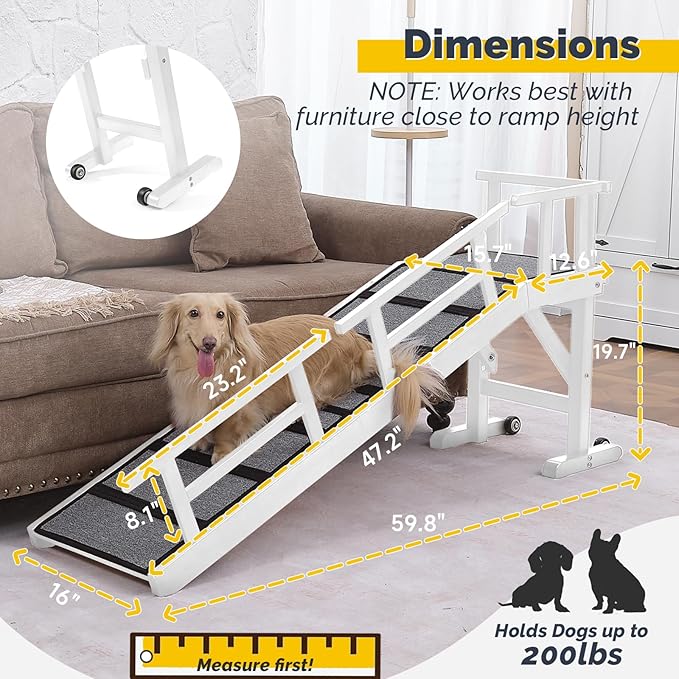 Dog Ramp for Bed or Couch, Wooden Pet Ramp with 20° Gentle Slope, Removable Side Rails, Non-Slip Surface, Top Platform & Wheels, Safe Bed Ramp for Small, Large & Senior Dogs, 60" Long, White