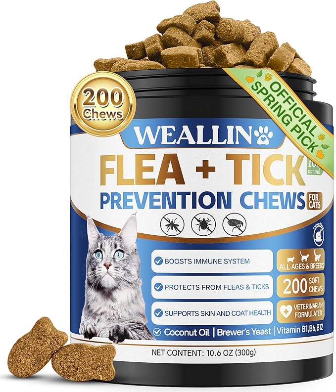 Flea and Tick Prevention for Cats, 200 Soft Chews for Fleas Treatment for Cats, Natural Cat Oral Flea Chewables Support Supplement, Flea and Tick Chews for All Breeds & Sizes