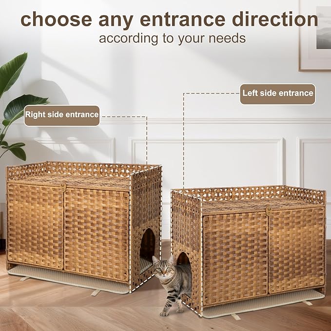 Hidden Cat Litter Box Enclosure Furniture - Handwoven Rattan Pet House with Removable Mat, Elevated Metal Feet, Large 30.3x18.2x24.5 Inches for Modern Design Indoor Living