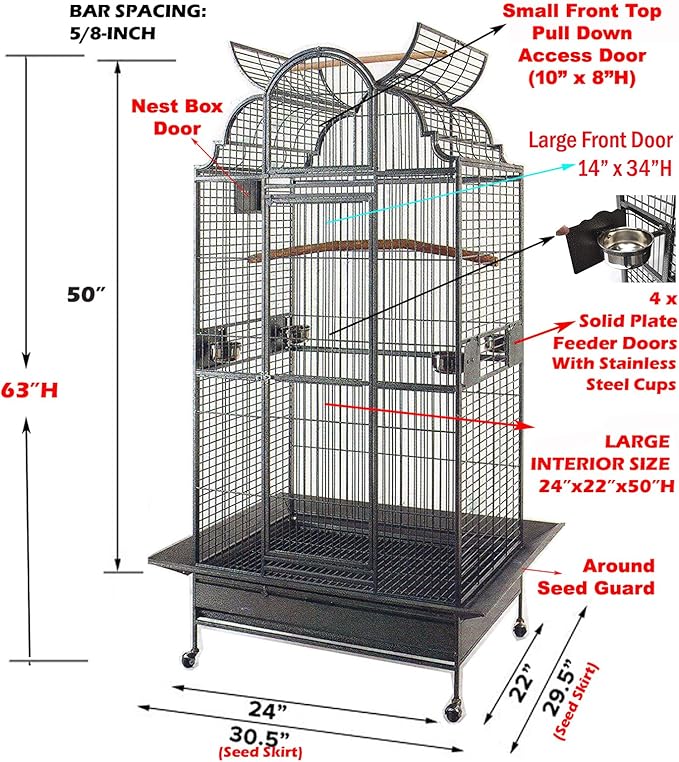 Large Elegance and Durable Wrought Iron Open Play Top Stand Bird Parrot Rolling Cage, Include Metal Seed Guard Solid Metal Feeder Nest Door