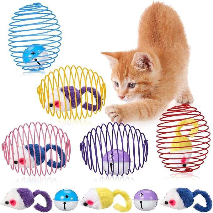 Jecery 5 Pcs Cat Spring Balls Toys Stretchable Rolling Balls Colorful Playful Coils Interactive Action Toy Caged Rats for Kitten Pet Supplies (Mouse and Bell,Mix Colors)