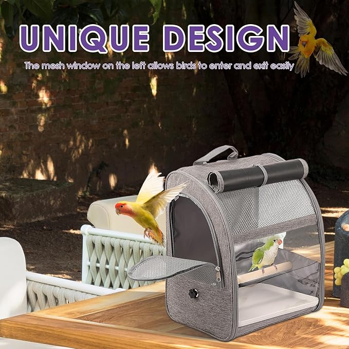Bird Carrier Backpack, Breathable Bird Travel Backpack Set with Standing Perch and Tray, Pet Transparent Breathable Travel Cage, Pet Travel Cage for Cockatiels, Parrots, Hiking
