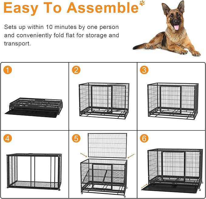 38 inch Heavy Duty Wire Dog Crate Cage Kennel for Large Dogs, High Anxiety Dog Crate with Removable Crate Trays, Wheels and Double Door, Extra Large XL XXL