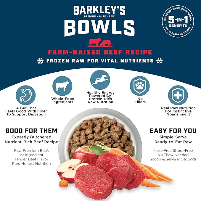 Barkley’s Bowls, Frozen Raw Beef Dog Food, Fresh Whole Food Ingredients with Farm-Raised Beef, Grain Free, High Protein for Balanced Nutrition, Frozen Meals, Human Grade Ingredients, 4 lb (3 Pack)