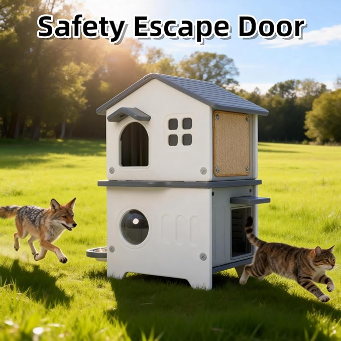 Insulated Outdoor Cat House Weatherproof for Feral Multi Cat, 2 Story Plastic Elevated Cat Shelter with Escape Door, Scratching Post, Stainless Steel Bowl, Grey 35" D x 15" W x 20" H