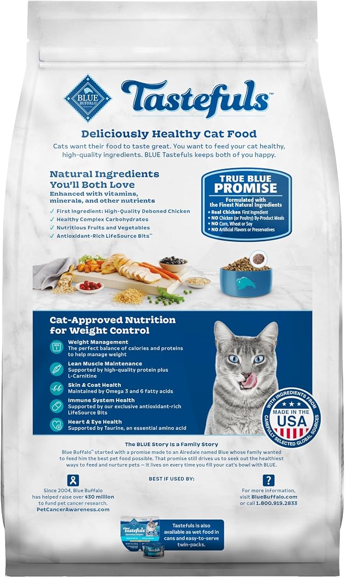 Blue Buffalo Tastefuls Adult Dry Cat Food for Weight Management, Made in the USA with Natural Ingredients, Chicken Recipe, 3-lb. Resealable Bag