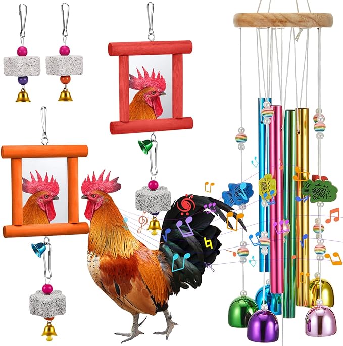 7 Pcs Chicken Toys, Hanging Chicken Wind Chime, 2 Pcs Coop Mirror Toys with Bells 4 Pack Beak Grinding Stones, Musical Coop Accessories for Hen Rooster Chick Poultry Birds(Red, Orange)